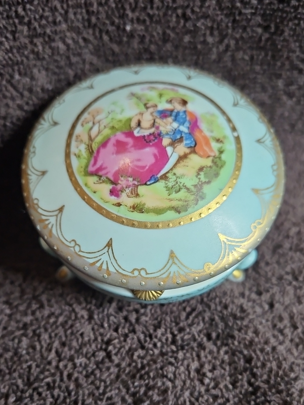 Blue and Gold Porcelain Trinket Box with Romantic Scene